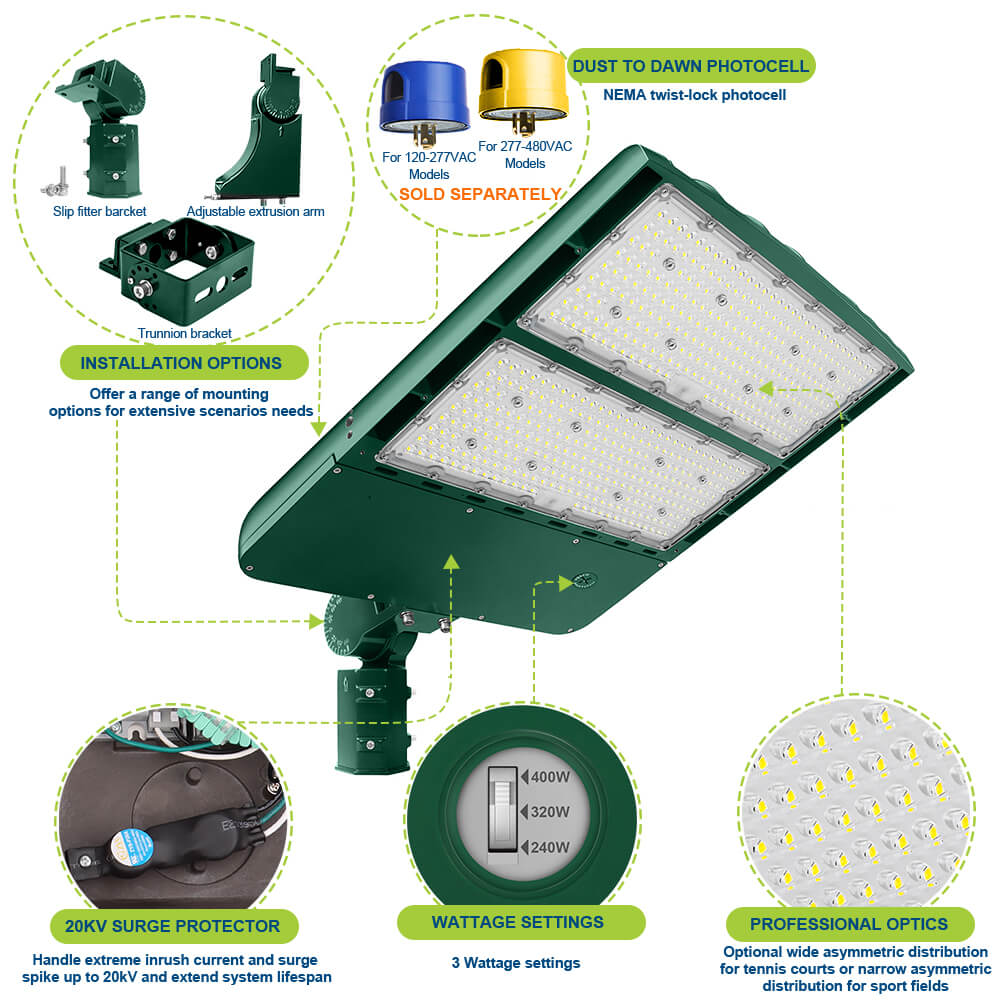 Konlite Spica 400W LED Sports Light with SlipFitter - Tennis Court Light - Hunter Green - Wide Asymmetric - 3 Wattage Selectable - 69,600lm Max - 5000K - 1000W Equal
