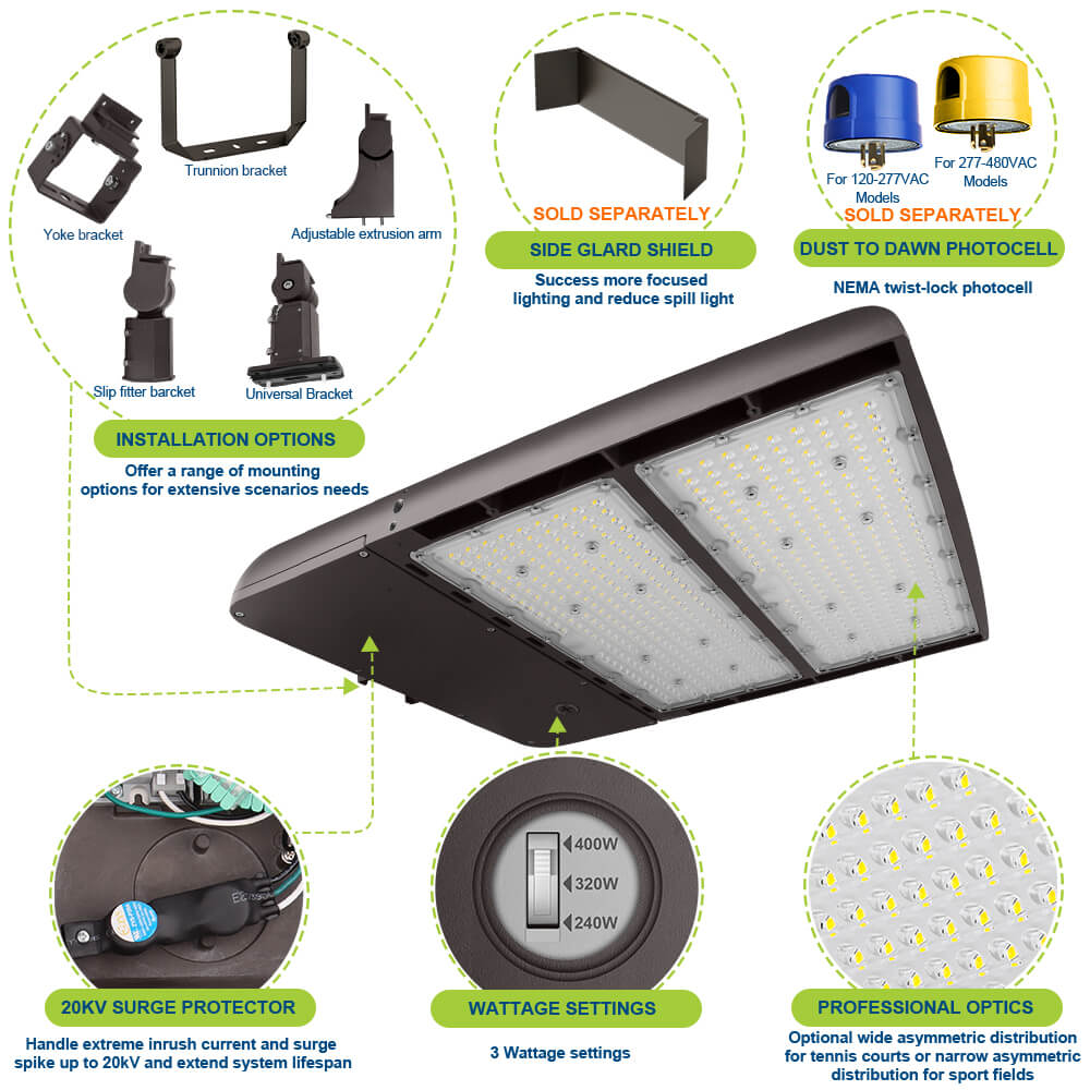 Konlite Spica 400W LED Sports Light - Tennis Court Light - Dark Bronze - Wide Asymmetric - 3 Wattage Selectable - 69,600lm Max - 5000K - 1000W Equal