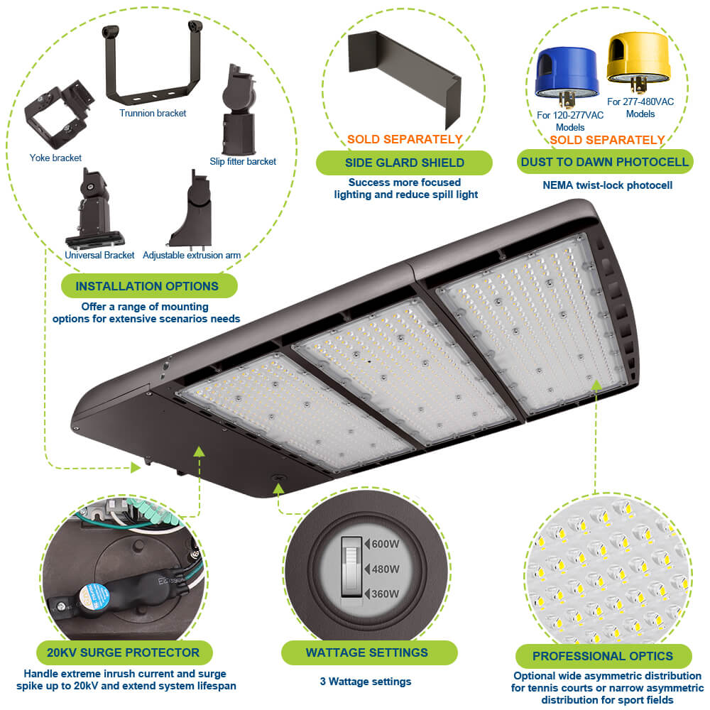 Konlite Spica 600W LED Sports Light - Tennis Court Light - Dark Bronze - Wide Asymmetric - 3 Selectable Wattages - 103,800lm Max - 5000K - 1500W Equal