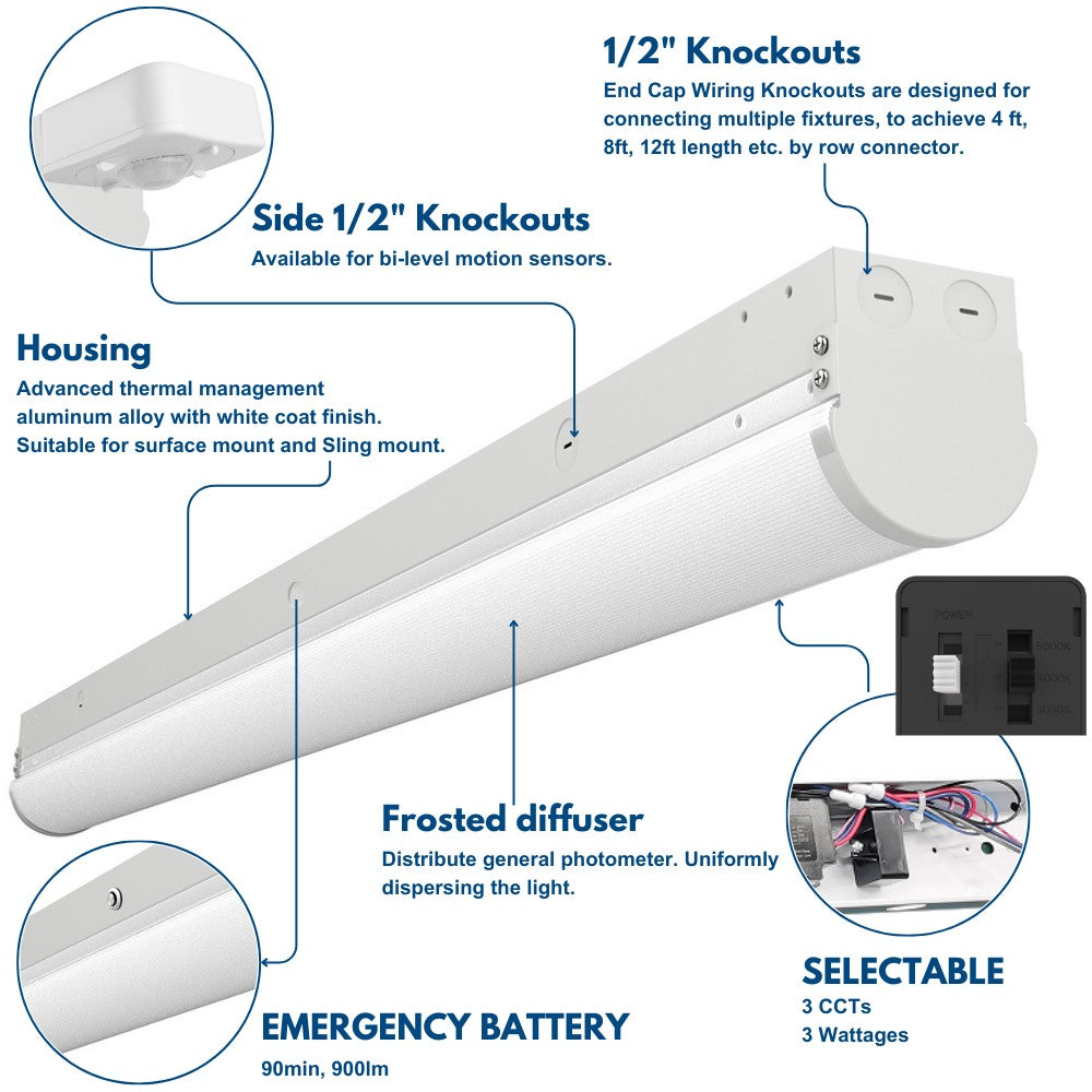 4FT LED Strip Fixture - 35W/28W/21W/15W - Up to 4900 Lumens - 50K/40K/30K - 120-277V - Dimmable