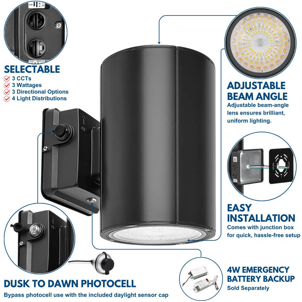 Black Finish Outdoor Wall Sconce - 38W/31W/19W Selectable - up to 5,600 Lumens - 3 CCT Selectable - 120-277V - Photocell with Cap