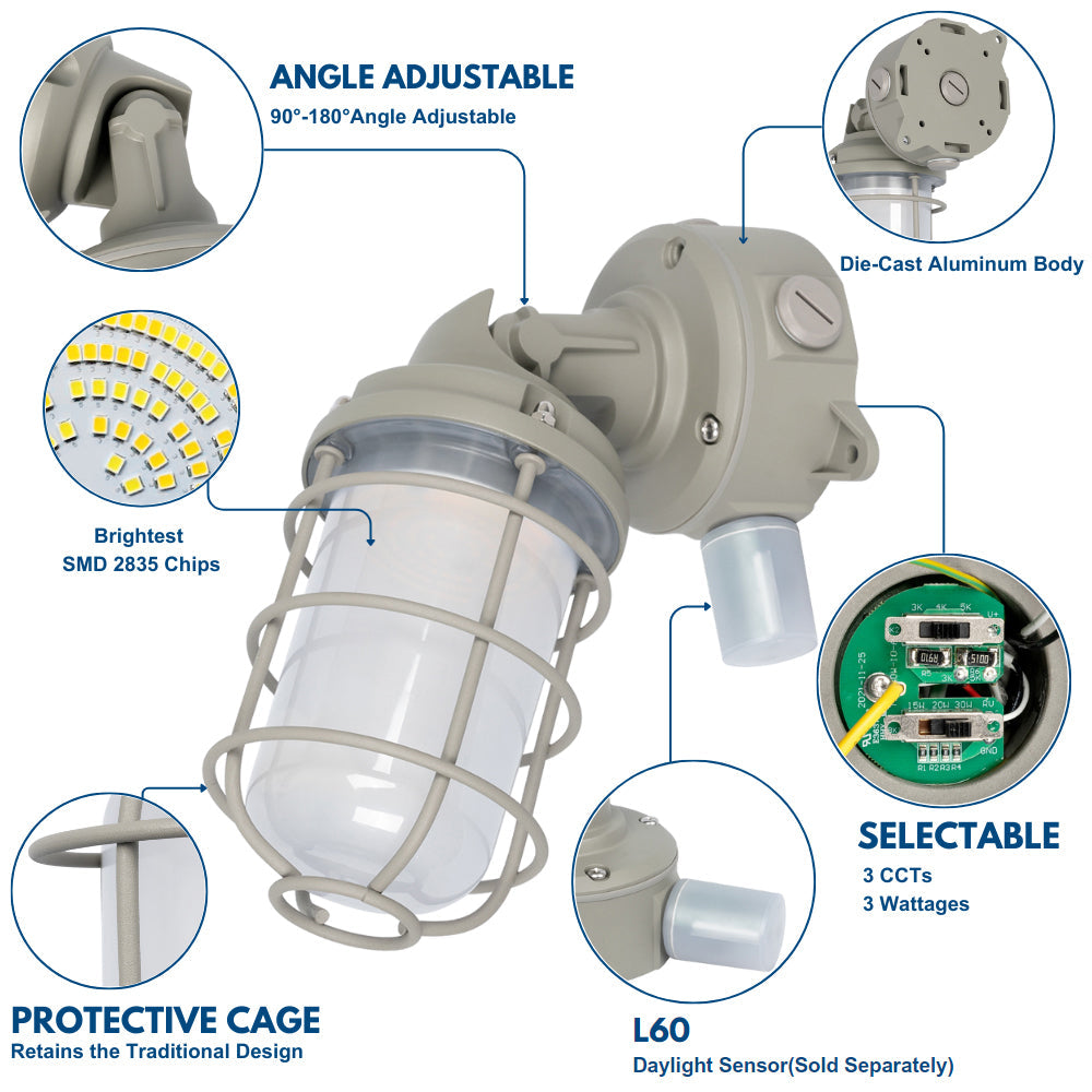 Vapor Tight LED Light Fixture - Jelly Jar Light - 30/20/15W - 3,480 lumens - 50K/40K/30K Selectable - 120-277V - 150w Equal