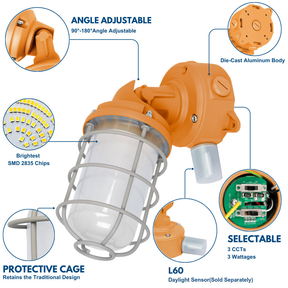 Vapor Tight LED Light Fixture - Jelly Jar Light - 30/20/15W - 3,480 lumens - 50K/40K/30K Selectable - 120-277V - 150w Equal