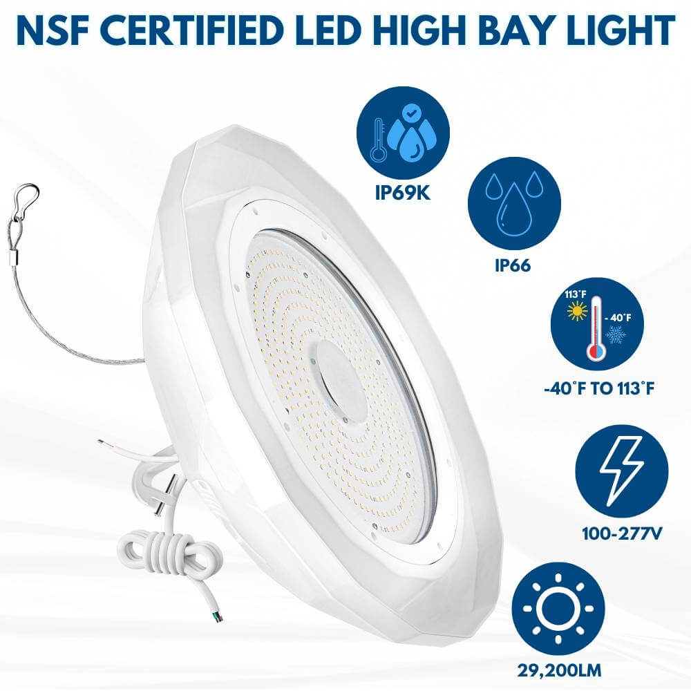 NSF Certified LED High Bay Light - 200W - 120-277V - 29,200 Lumens - 5000K - 600W Equal - Food Safety Light