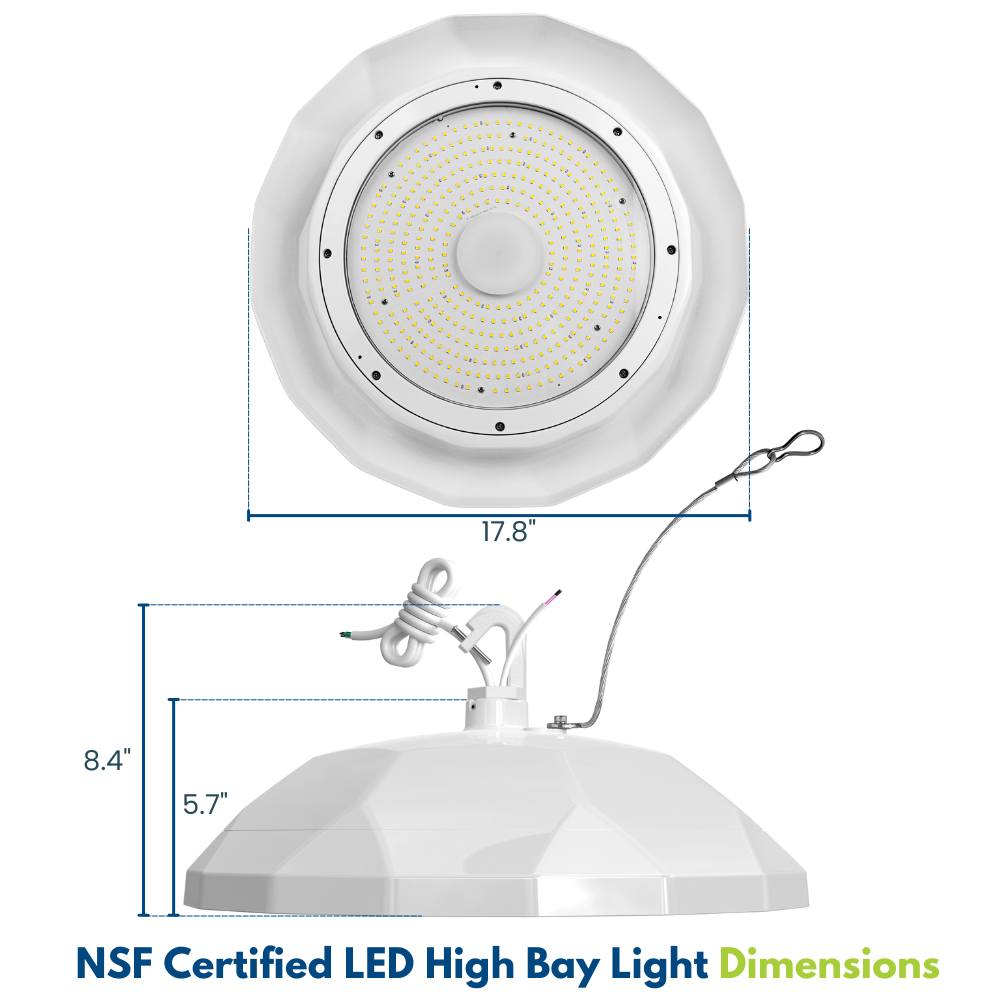 NSF Certified LED High Bay Light - Food Safety Light - 150W - 120-277V - 21,900 Lumens - 5000K - 400W Equal