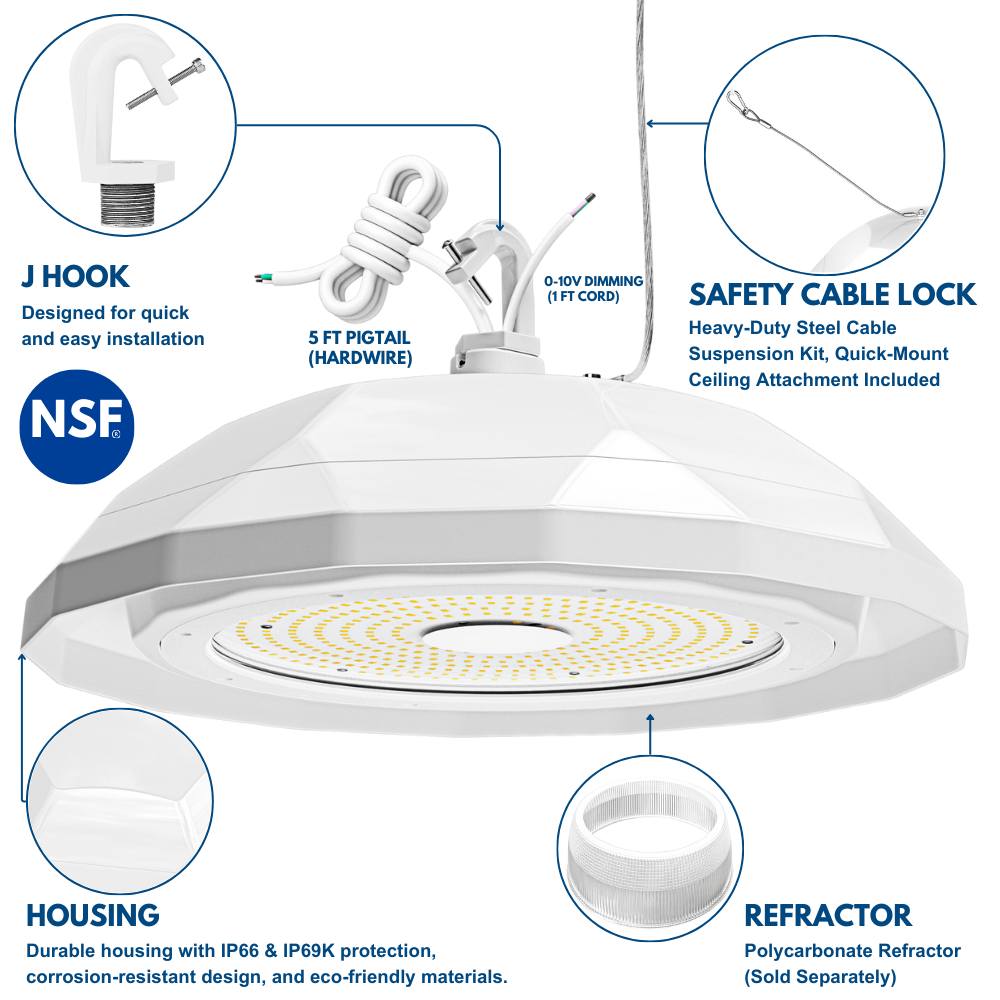 NSF Certified LED High Bay Light - Food Safety Light - 150W - 120-277V - 21,900 Lumens - 5000K - 400W Equal