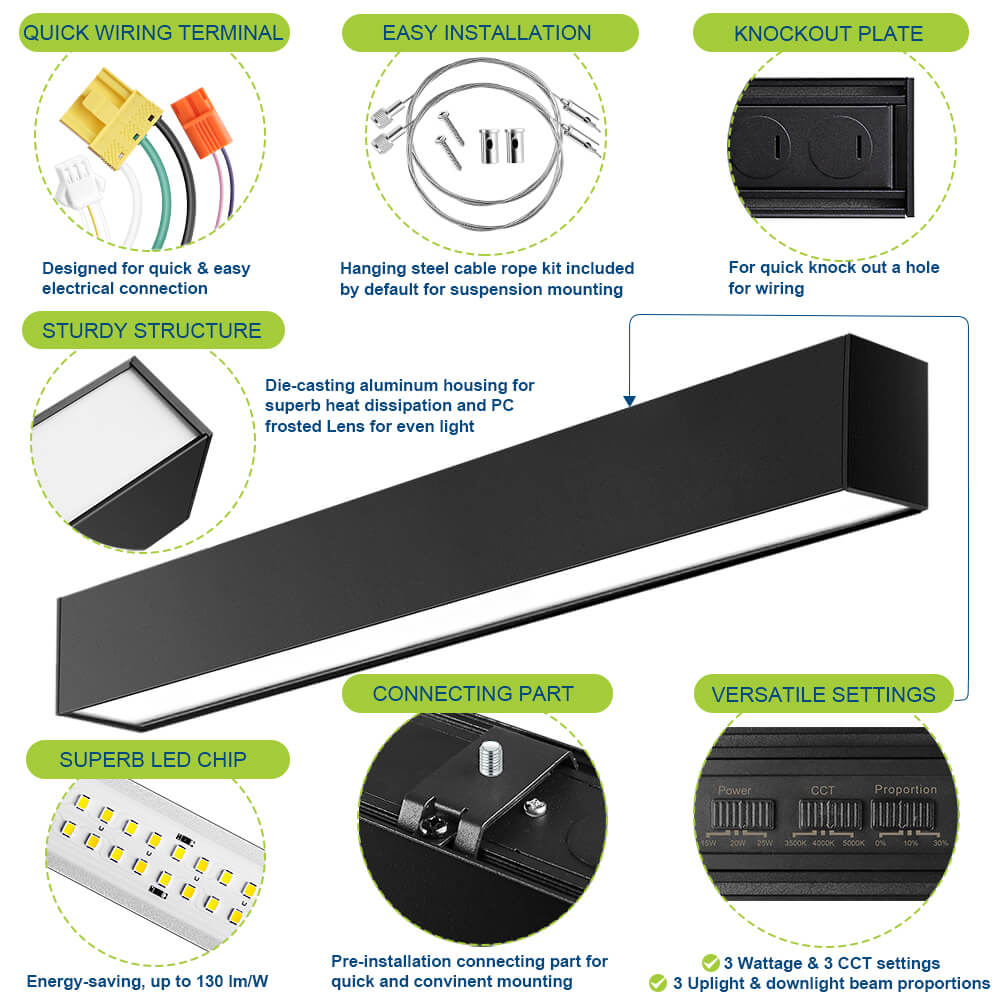 2 FT Black LED Architectural Linear Light - 3180 LM - Wattage Selectable - Kelvin 3500-4000-5000K