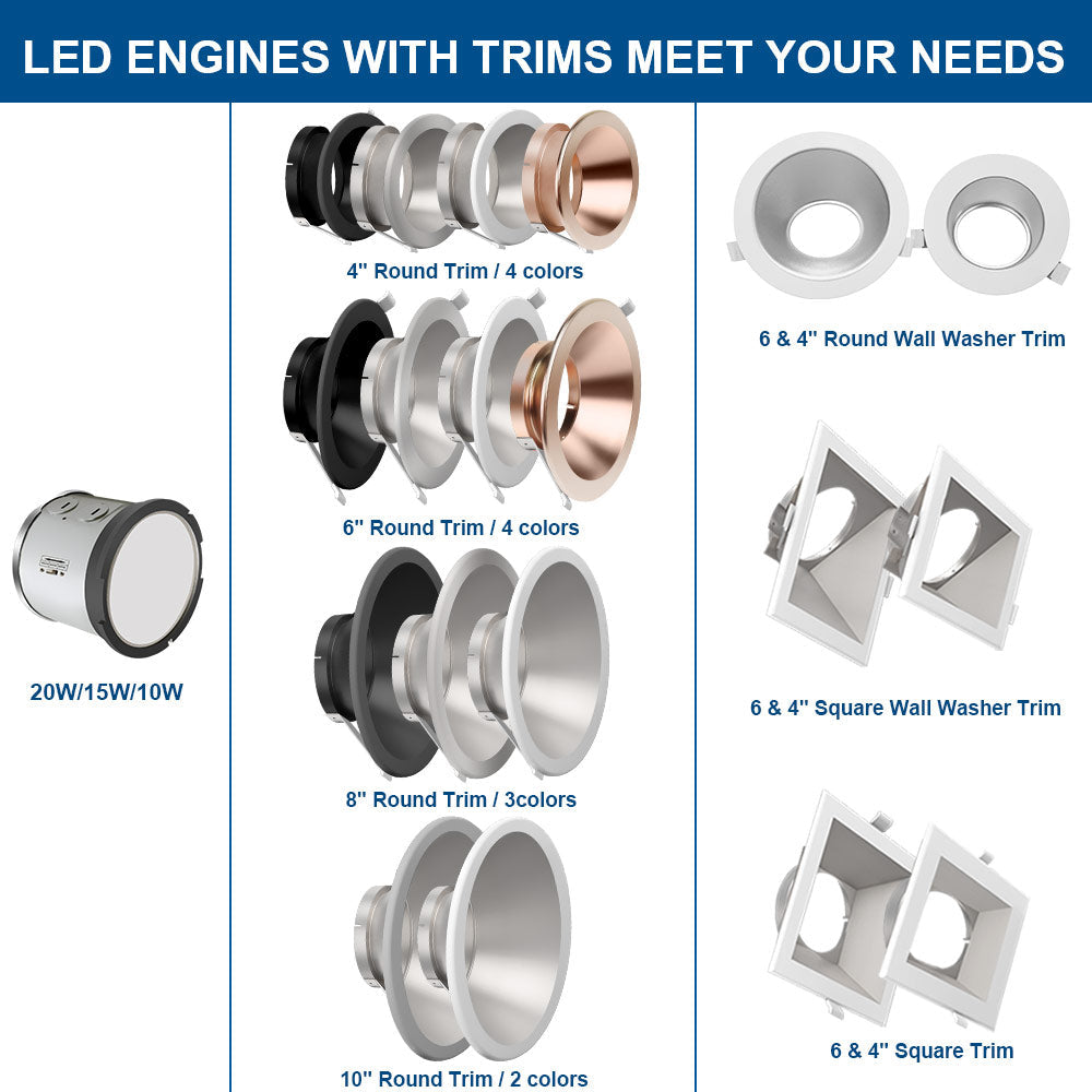 20W LED Recessed Downlight with Round Trim - 2200 LM - 5000K/4000K/3000K Selectable - Watts Selectable