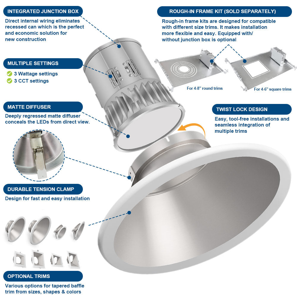 40W LED Recessed Downlight with Round Trim – 4300 LM - Watts Selectable - CCT Selectable 5000K / 4000K / 3000K