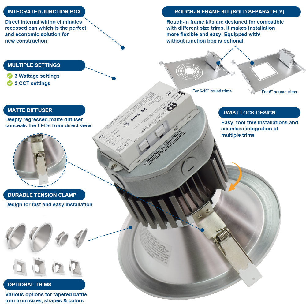 60W LED Recessed Downlight with Round Trim – 7400 LM - Watts Selectable - CCT Selectable 5000K / 4000K / 3000K - 250W Equal