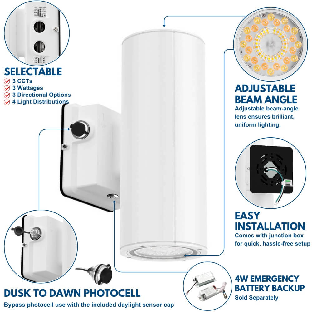 White LED Wall Sconce - 20/16/10W Selectable - up to 2,900 Lumens - 3 CCT Selectable - 120-277V - Photocell with Cap