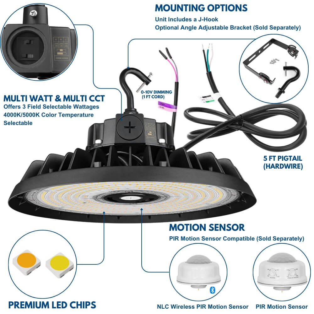 EcoMAX Round UFO LED High Bay Light - 240W/200W/150W - 120-277V - 37,450 Lumens - 5000K/4000K - 1000W Equal