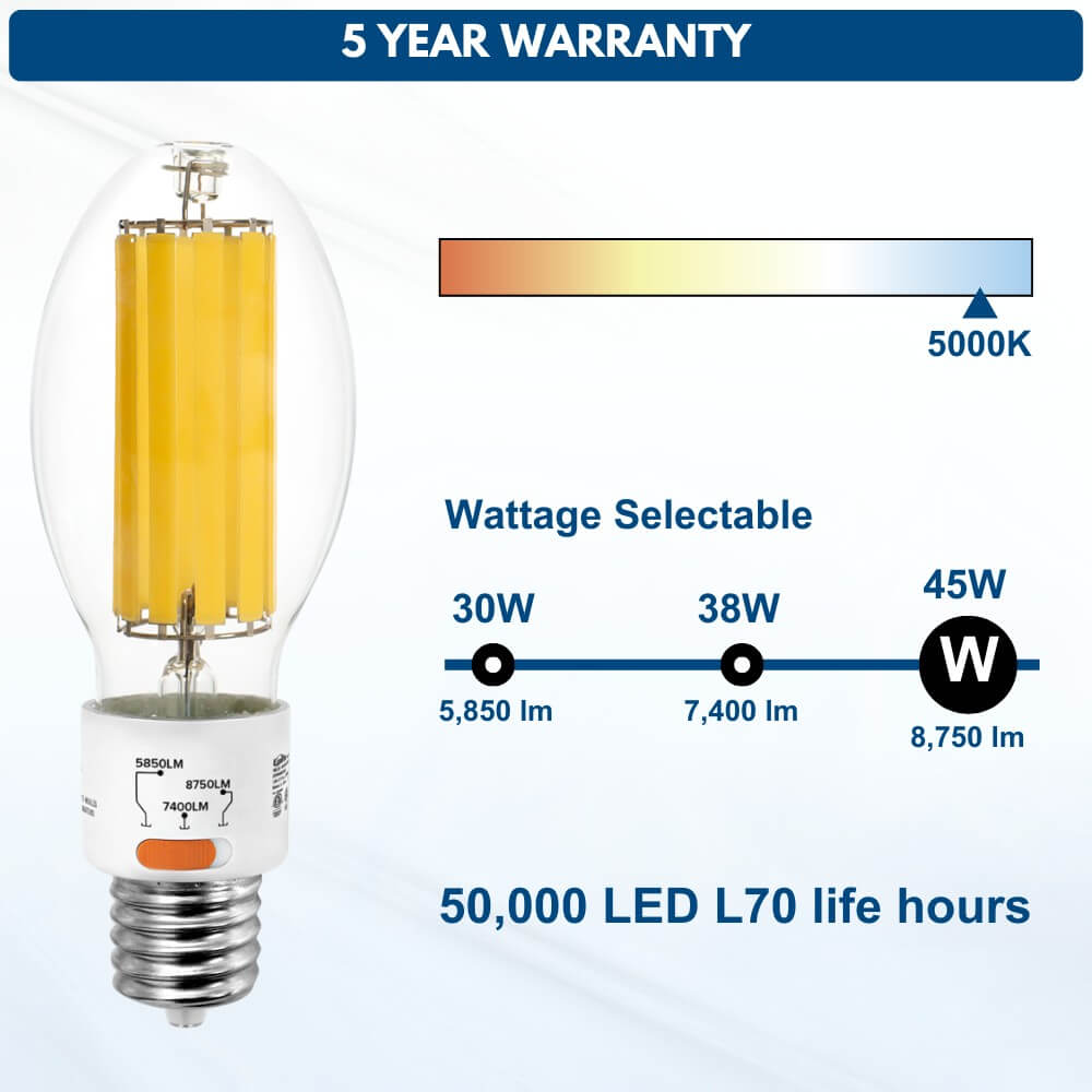 High Lumen LED Filament Bulb - 45W/38W/30W - 8,750LM - 5000K - 250W HID Retrofit Lamp Equivalent