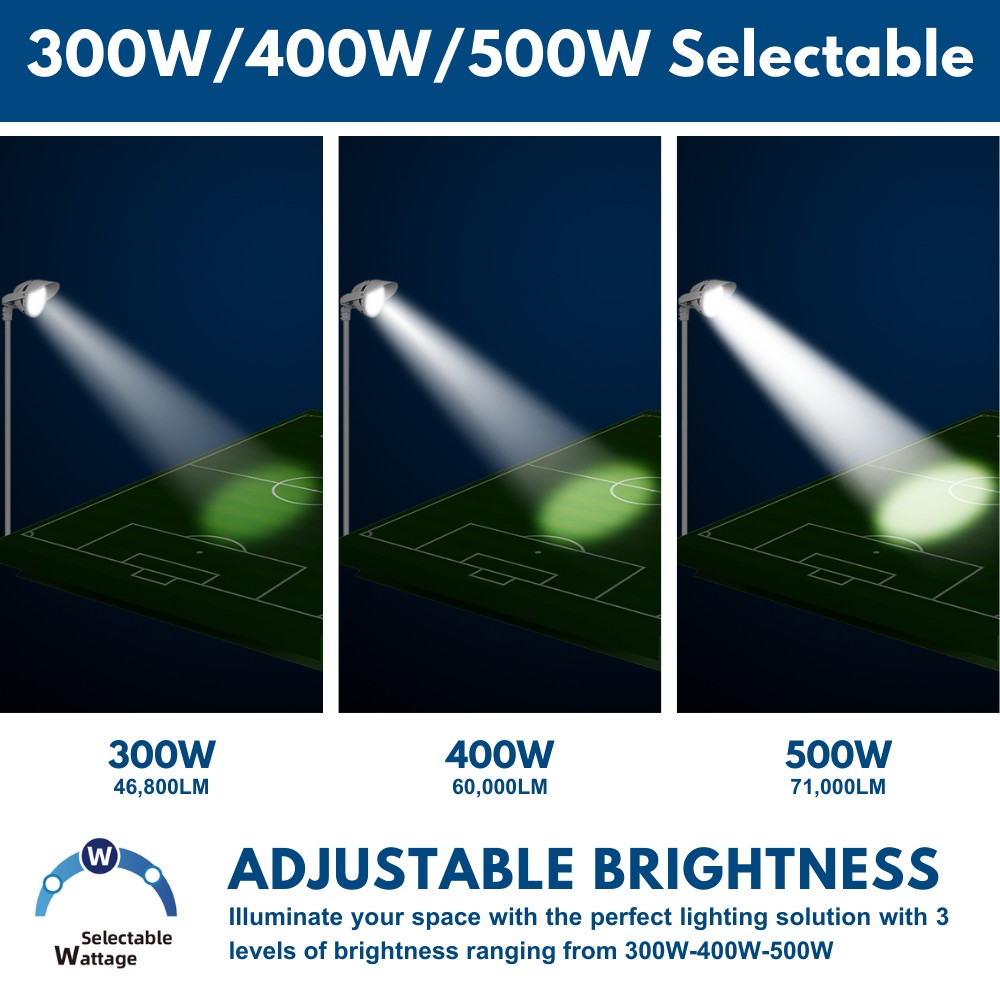 LYRA LED Stadium Light - 500W/400W/300W selectable - 75,000lm - 5000K - 100-277V - 4H4V - 1500W Equal - 10 Year Warranty