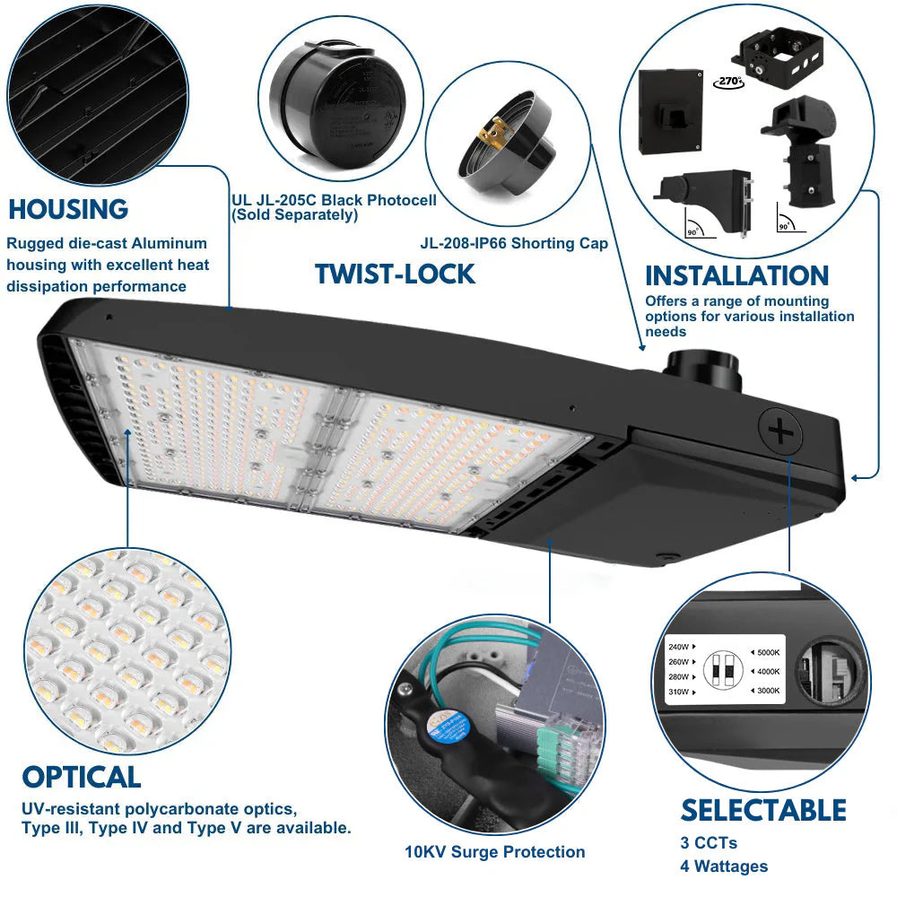 Vela III LED Parking Lot Light - Black Finish - 310W -Type IV - 46,500 Lumens - 3 CCT - 277-480V - 1000W Equal