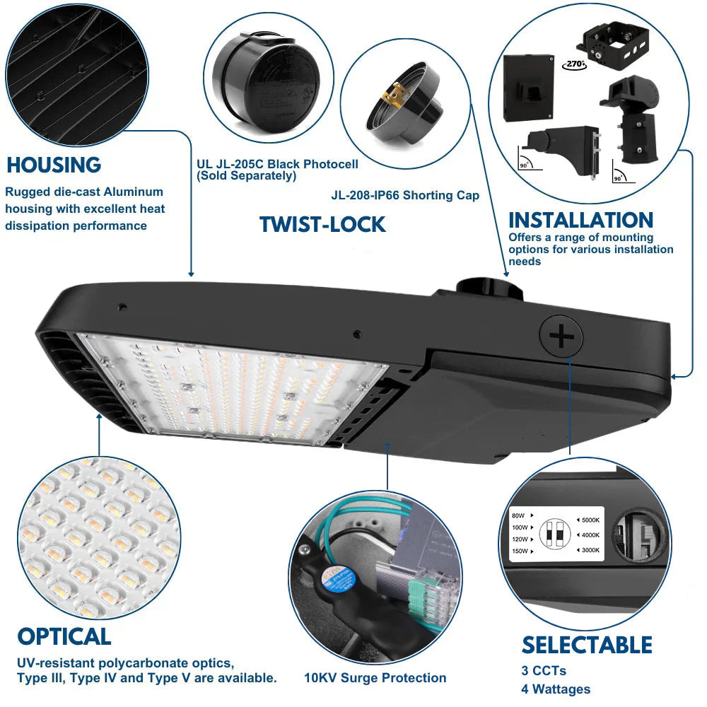 Vela I LED Parking Lot Light - Black Finish - 150W/120W/100W/80W Selectable - UP to 23,000 Lumens -3 CCT Selectable - Type III - 120-277V - 400W Equal