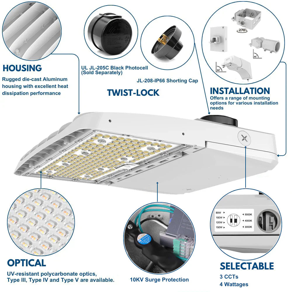 Vela I LED Parking Lot Light - White Finish - 150W/120W/100W/80W Selectable - 3 CCT Selectable - Up to 23,000 Lumens - Type III - 120-277V - 400W Equal