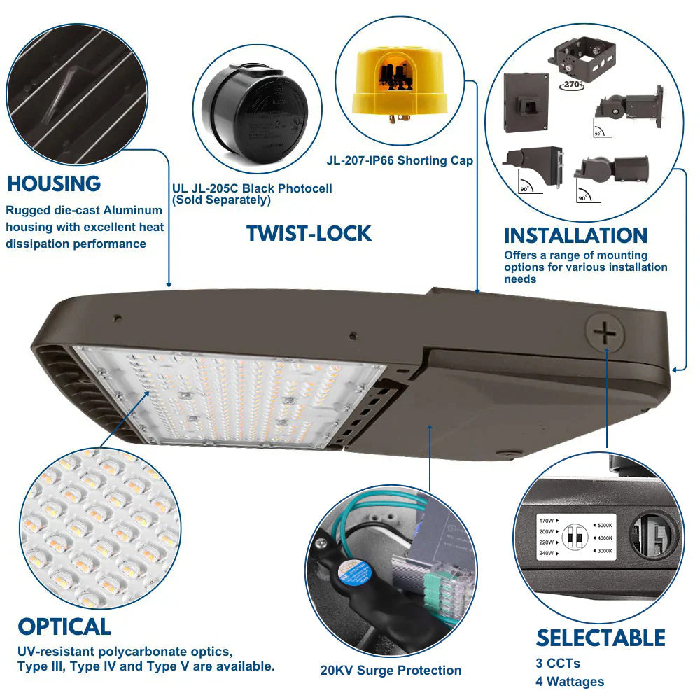 Vela LED Parking Lot Light - 277-480V - 240W/220W/200W/170W - 3CCT - 36,000 Lumens - Type III - 750W Equal