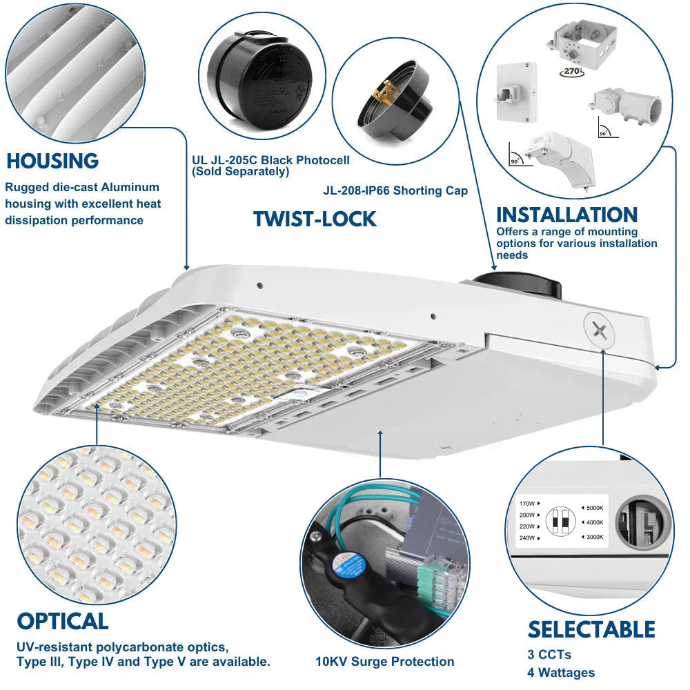 Vela II LED Parking Lot Light - White Finish - 240W/220W/200W/170W Selectable - Up to 34,888 Lumens - 3 CCT - Type III - 120-277V - 750W Equal