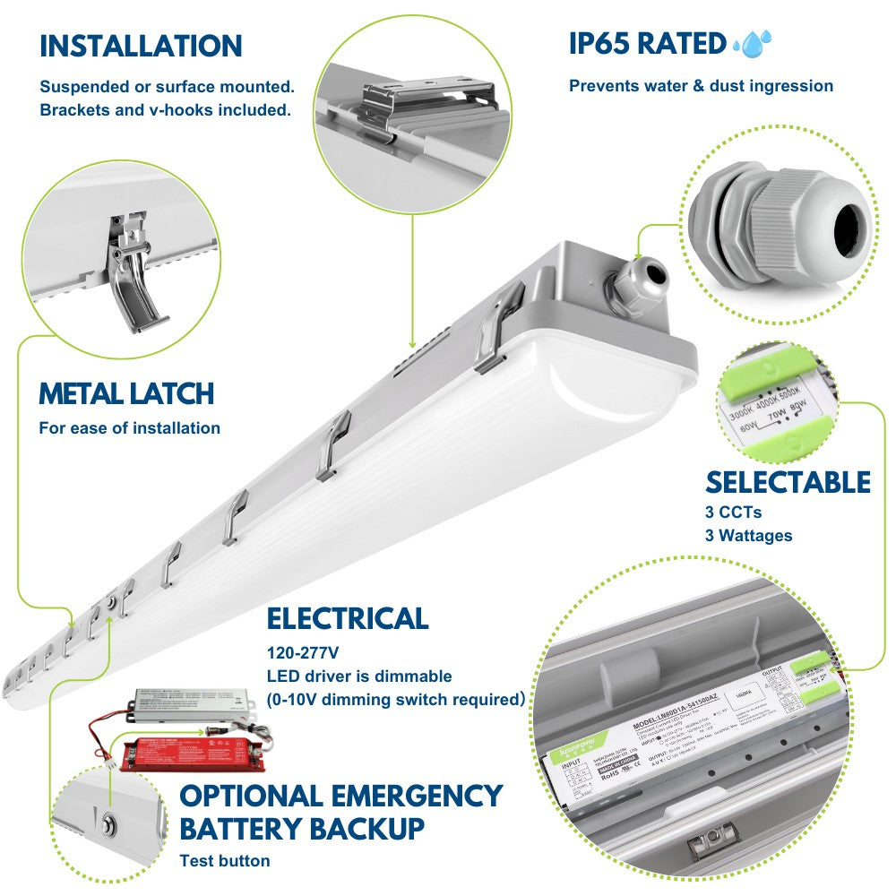 8ft Vapor Tight LED Light Fixture - Pack of 2 - 80/70/60W - 10,500 lumens - 50K/40K/30K Selectable - 120-277V