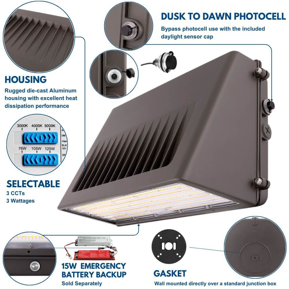 Full Cutoff LED Wall Pack - 125W/105W/76W Selectable - Up to 20,812 Lumens - 3 CCT Selectable - 120-277V - 400W Equal