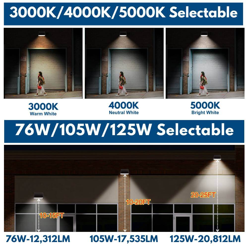 Full Cutoff LED Wall Pack - 125W/105W/76W Selectable - Up to 20,812 Lumens - 3 CCT Selectable - 120-277V - 400W Equal