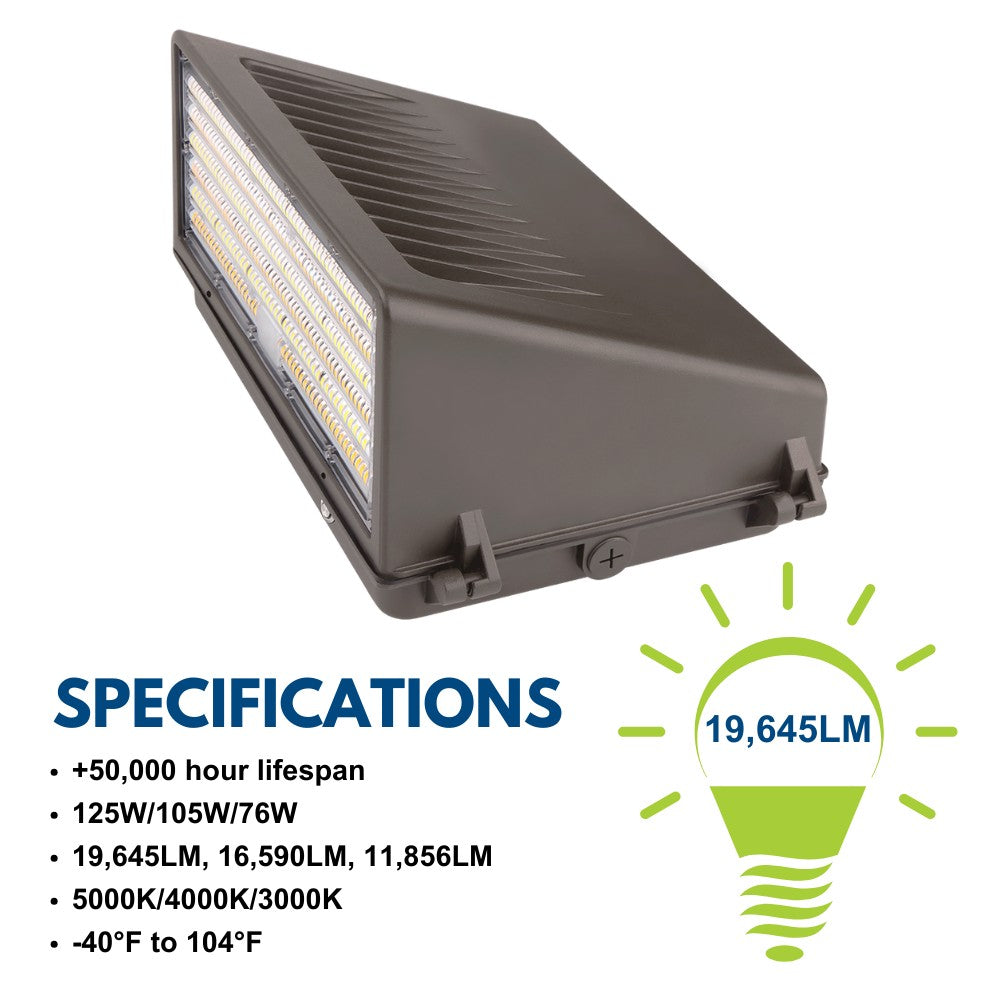Full Cutoff LED Wall Pack - 125W/105W/76W Selectable - Up to 20,812 Lumens - 3 CCT Selectable - 120-277V - 400W Equal