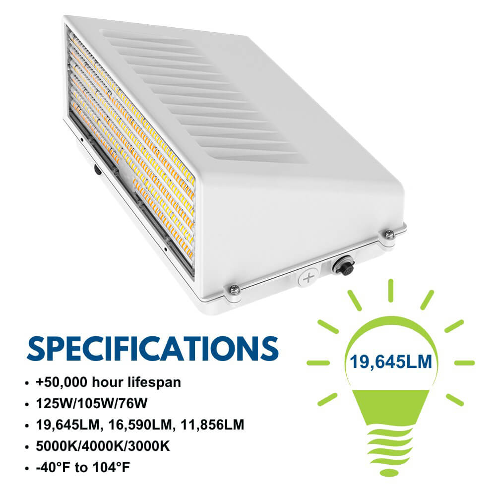 Full Cutoff LED Wall Pack - White Finish - 125W/105W/76W Selectable - Up to 20,812 Lumens - 3 CCT Selectable - 120-277V - 400W Equal