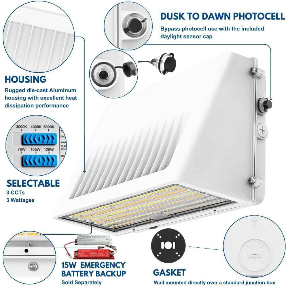 Full Cutoff LED Wall Pack - White Finish - 125W/105W/76W Selectable - Up to 20,812 Lumens - 3 CCT Selectable - 120-277V - 400W Equal