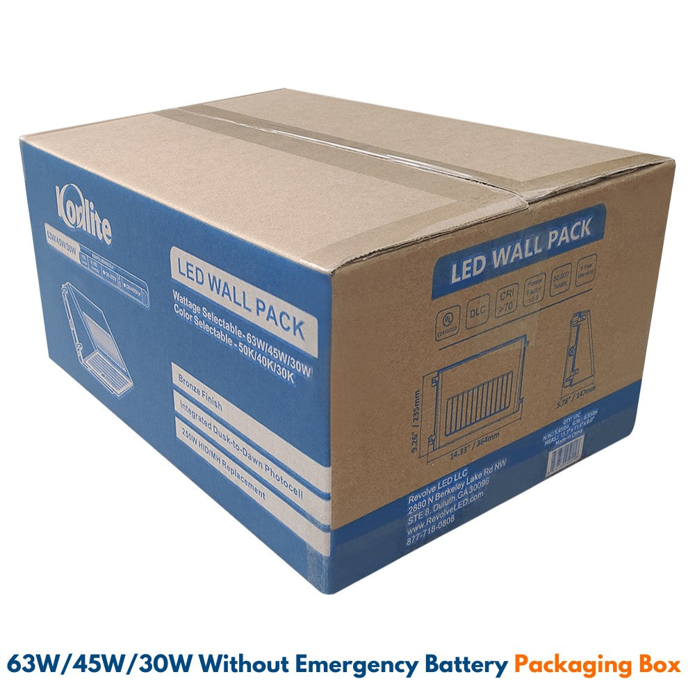 Full Cutoff LED Wall Pack - 63W/45W/30W Selectable - Up to 10,217 Lumens - 3 CCT Selectable - 120-277V - 250W Equal