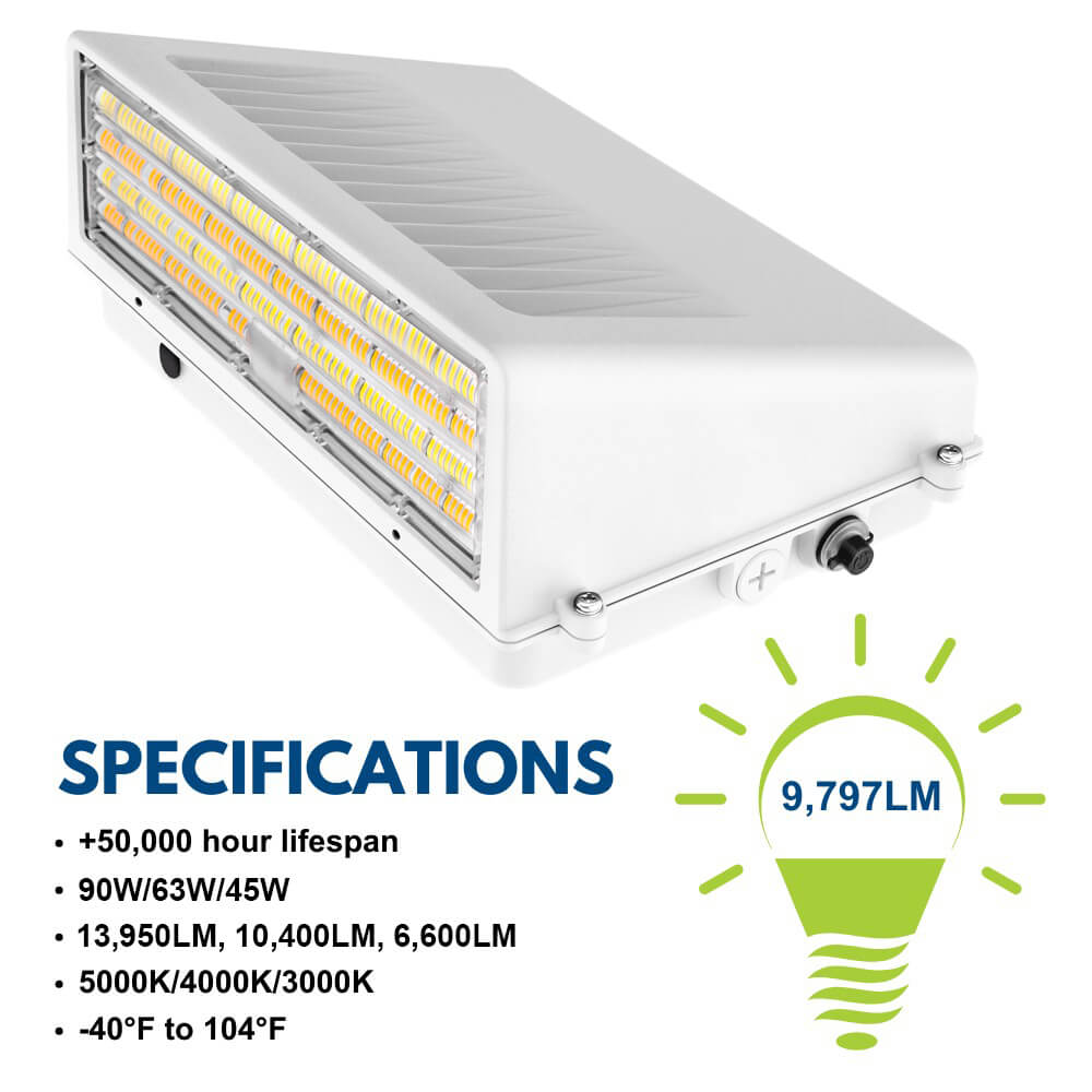 Full Cutoff LED Wall Pack - White Finish - 90W/63W/45W Selectable - 14,900 Lumens - 3 CCT Selectable - 120-277V - 320W Equal