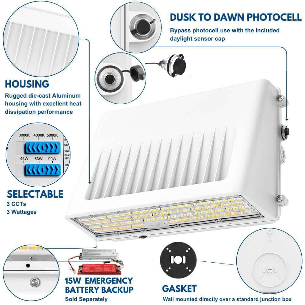 Full Cutoff LED Wall Pack - White Finish - 90W/63W/45W Selectable - 14,900 Lumens - 3 CCT Selectable - 120-277V - 320W Equal