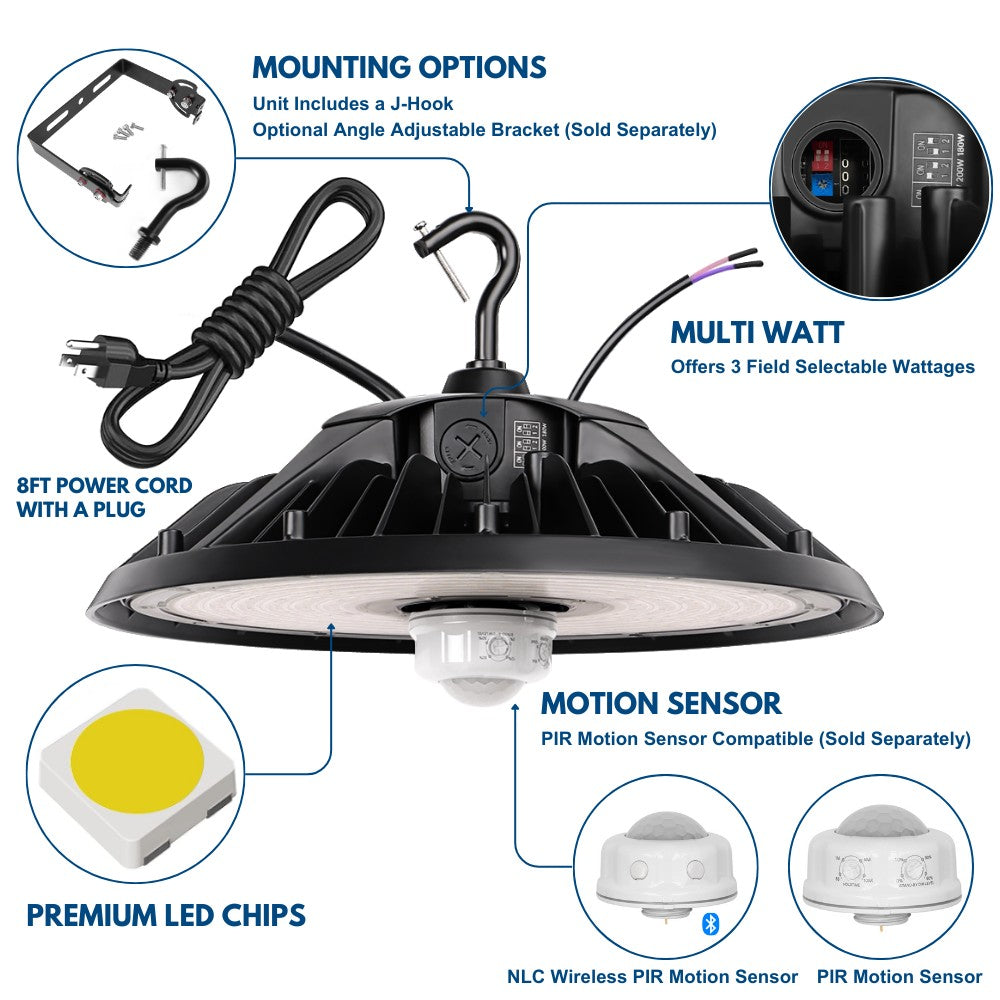 MAX Round UFO LED Bay Light - 240W/200W/180W Selectable - 36000 Lumens - 5000K - 120-277V - 1000W Equal