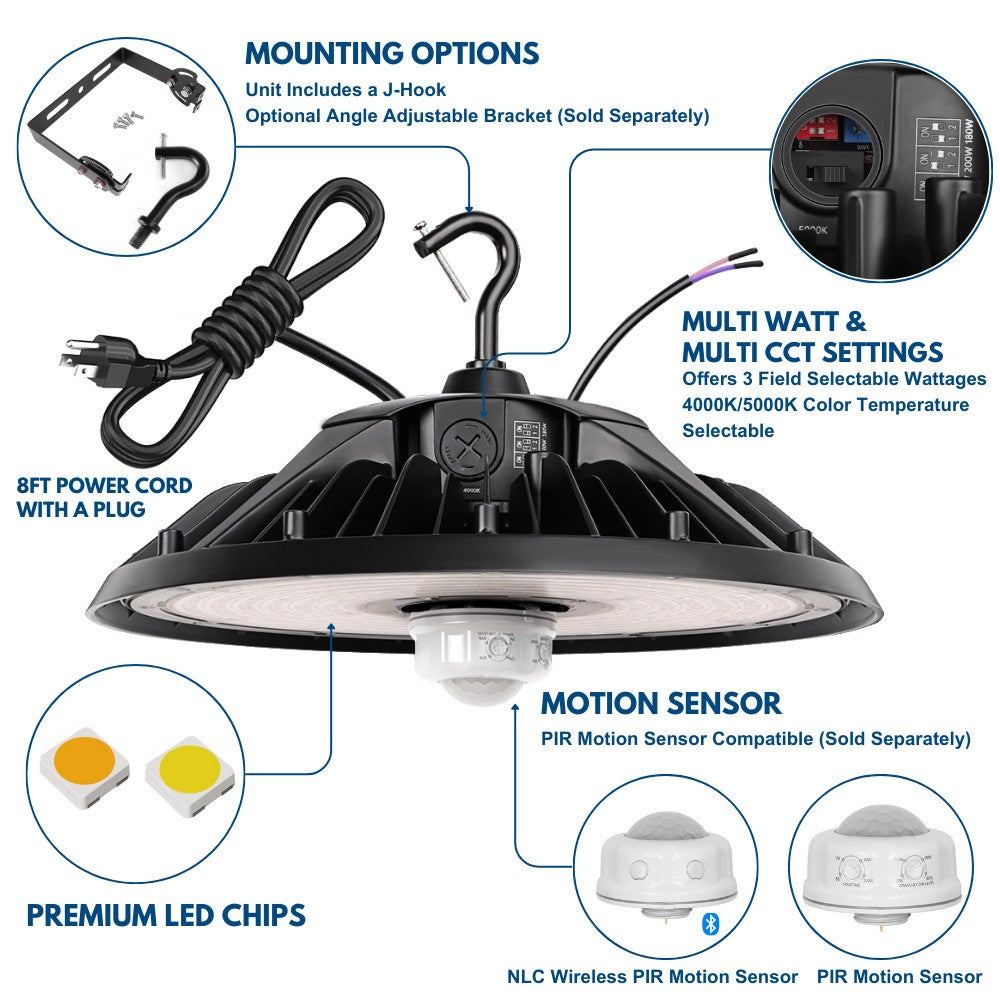 MAX UFO LED High Bay Light - 240W/200W/180W Selectable - 40K/50K Selectable - 36200 Lumens - 120-277V - 1000W Equal