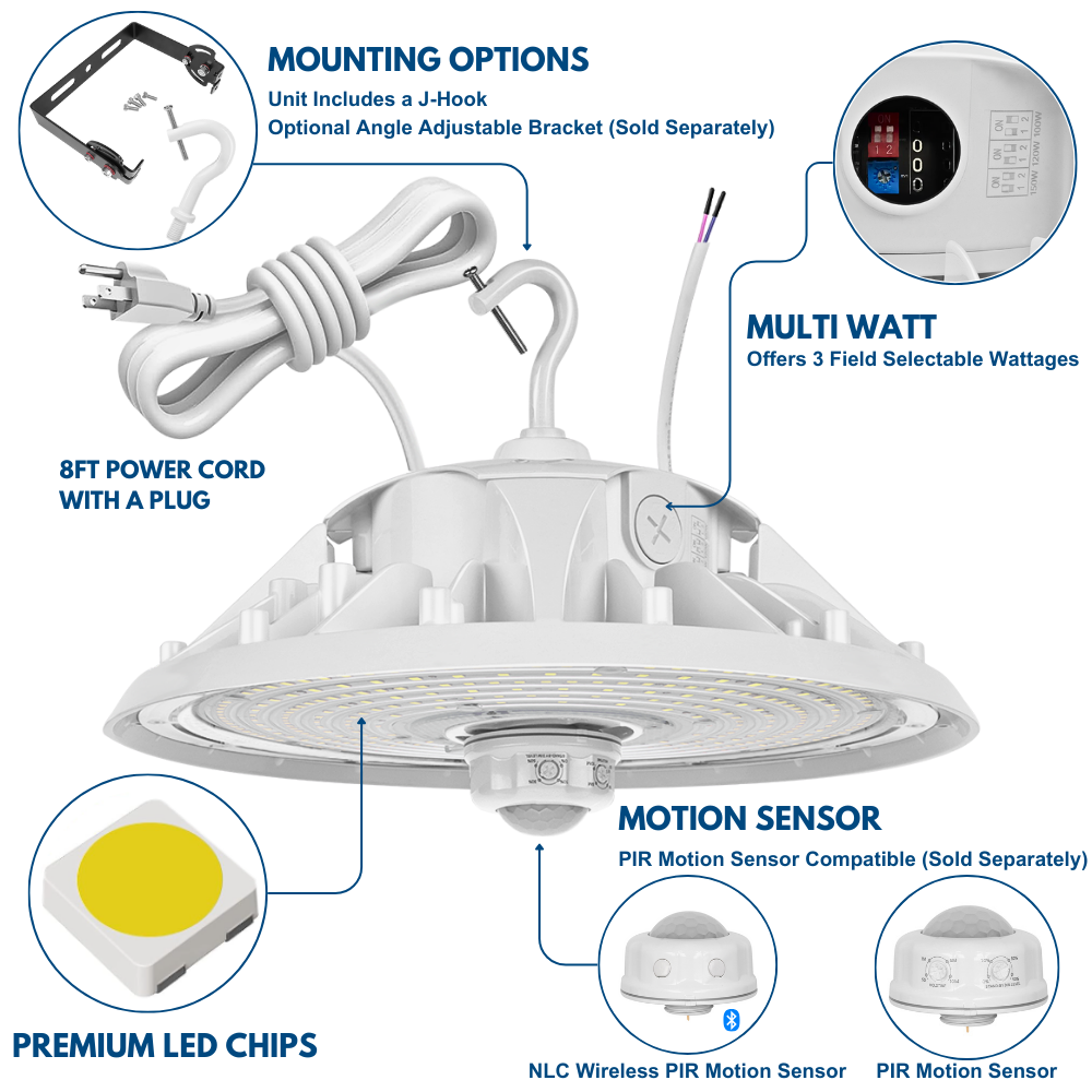 MAX UFO LED Bay Light - White - 150W - 3 Watts Selectable - 23,550LM - 5000K - 400W Equal