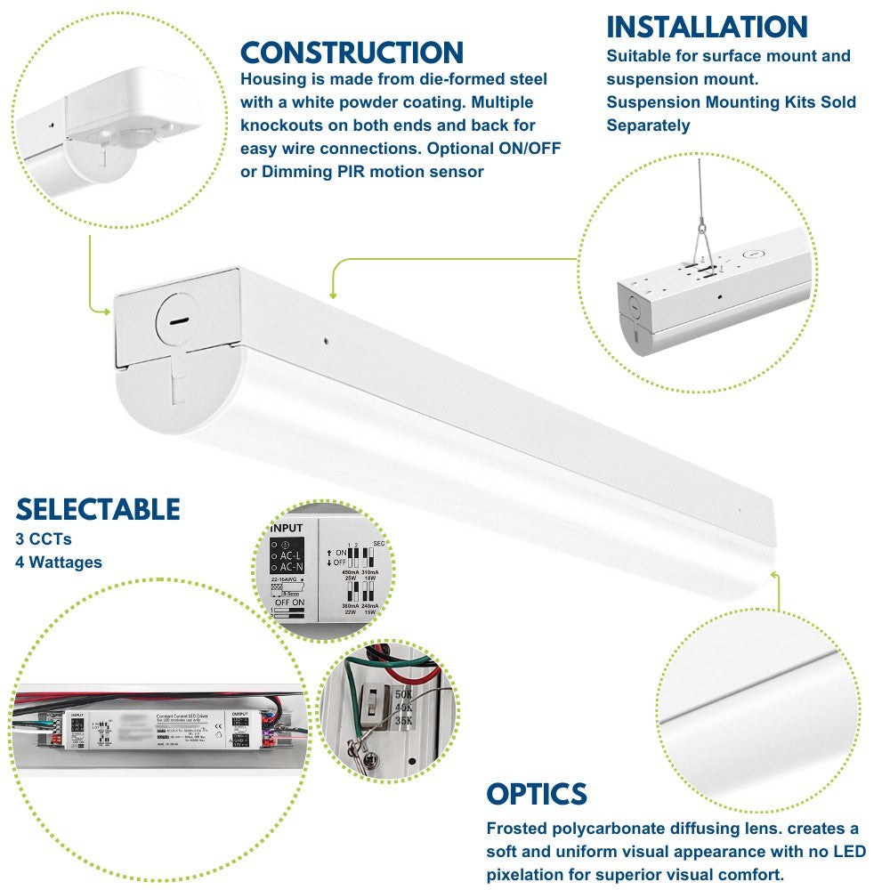 2FT LED Strip Fixture - Up to 3250 LM - Wattage Selectable - Kelvin 3500-4000-5000K