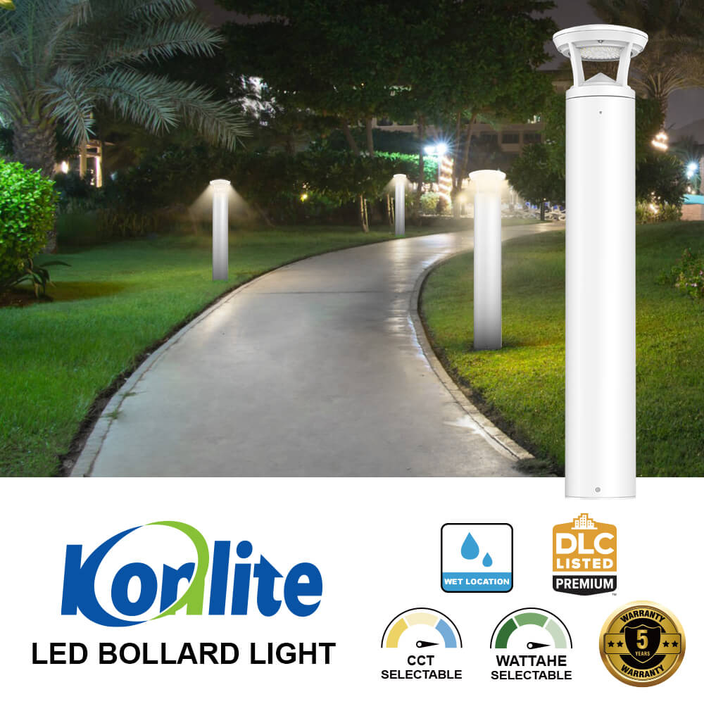4 FT. Konlite White LED Bollard Light - 3,000 Lumens - 3 Watts Selectable - 3 CCT Selectable - 120-277V - 100W Equal
