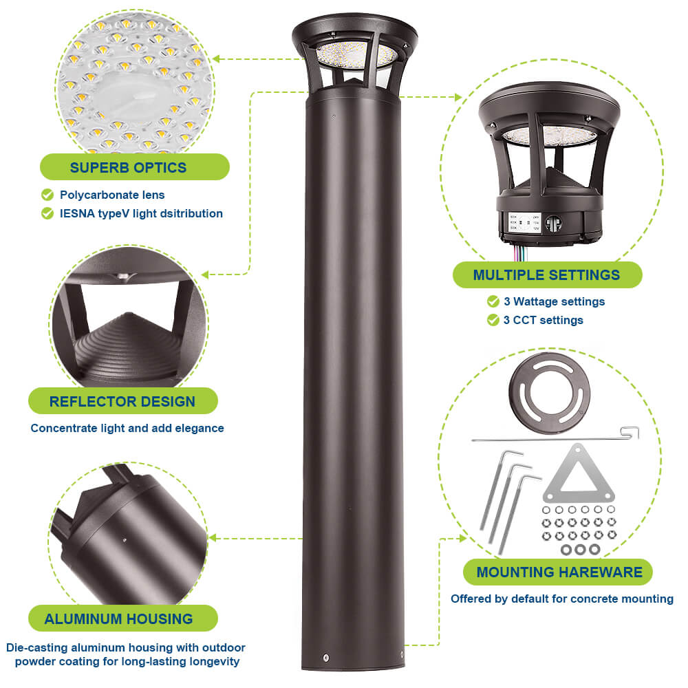 4 FT. Konlite Dome-Top LED Bollard Light - 24W - 3,000 Lumens - 3 Wattage Selectable - 3 CCT Selectable - 120-277V - 100W Equal