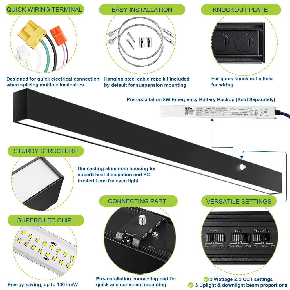 4 FT Black LED Architectural Linear Light Fixture - 6160 LM - Wattage Selectable - Kelvin 3500-4000-5000K