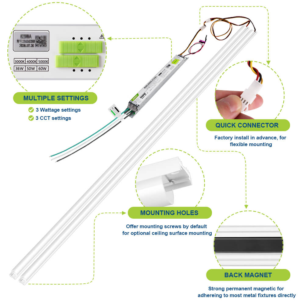 Konlite 4ft Magnetic Linear LED Retrofit Kit - 36W/25W/18W - 120-277V - 4250 lumens - 3 CCT - 0-10V dimmable