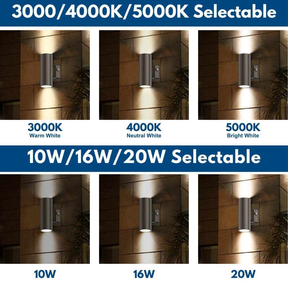 LED Cylinder Up and Down Wall Light fixture - Outdoor Wall Sconce - 20/16/10W Selectable - up to 2,900 Lumens - 3 CCT Selectable - 120-277V - Photocell with Cap