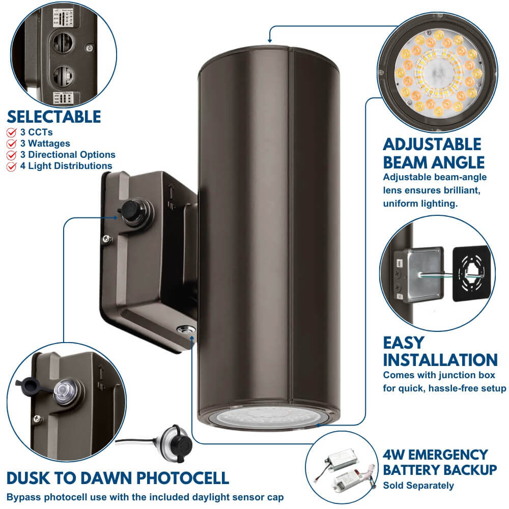 LED Cylinder Up and Down Wall Light fixture - Outdoor Wall Sconce - 20/16/10W Selectable - up to 2,900 Lumens - 3 CCT Selectable - 120-277V - Photocell with Cap