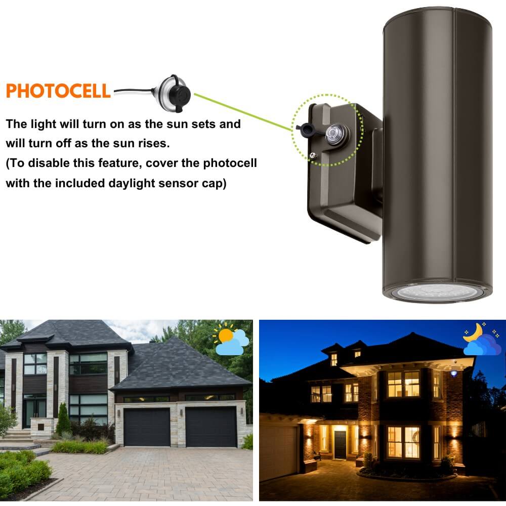 LED Cylinder Up and Down Wall Light fixture - Outdoor Wall Sconce - 20/16/10W Selectable - up to 2,900 Lumens - 3 CCT Selectable - 120-277V - Photocell with Cap