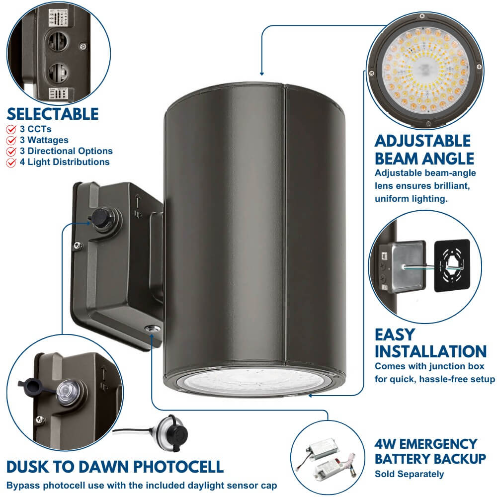 LED Cylinder Up and Down Wall Light fixture - Outdoor Wall Sconce - 38W/31W/19W Selectable - up to 5,600 Lumens - 3 CCT Selectable - 120-277V - Photocell with Cap