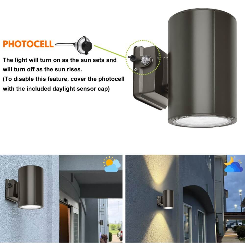 Black Finish Outdoor Wall Sconce - 38W/31W/19W Selectable - up to 5,600 Lumens - 3 CCT Selectable - 120-277V - Photocell with Cap