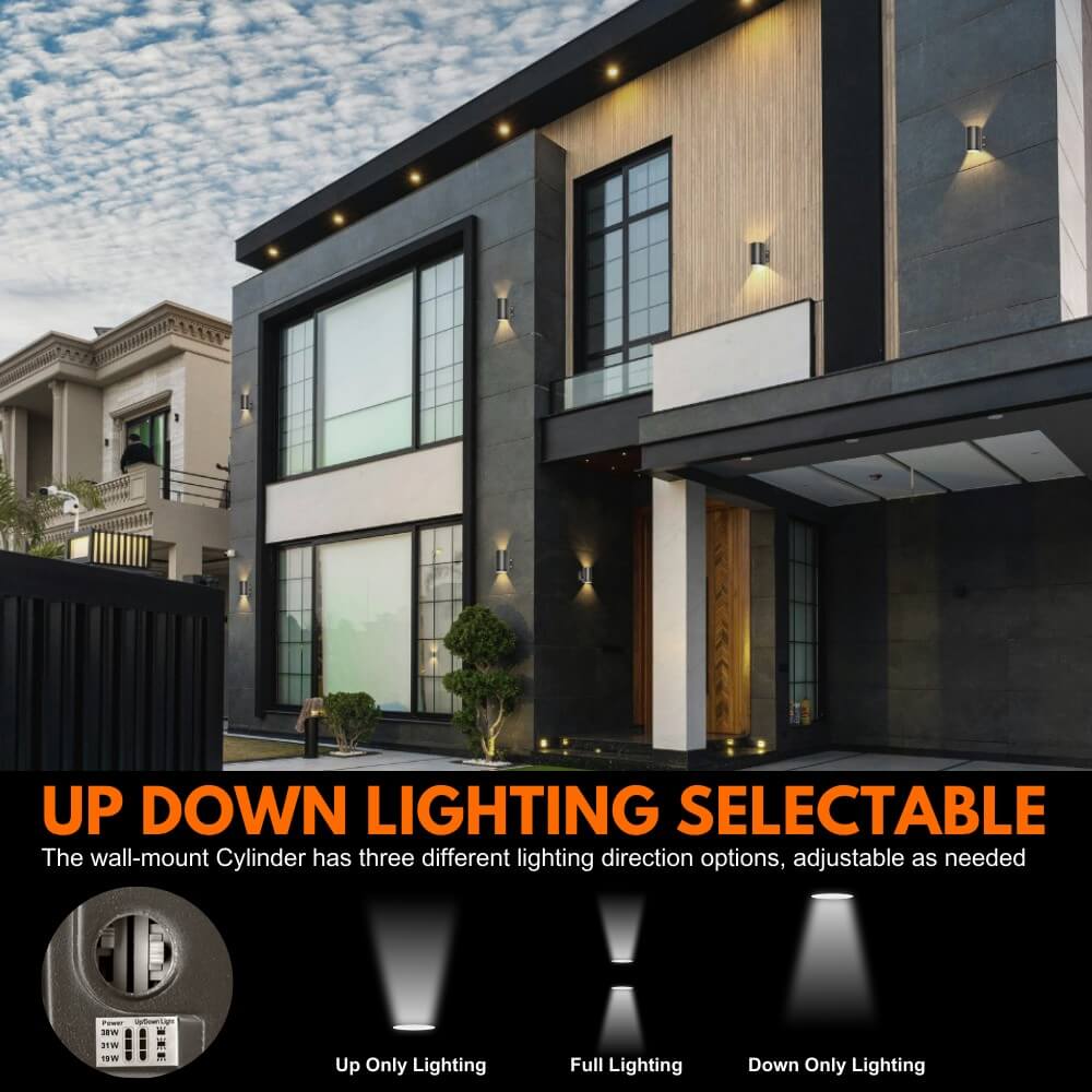 Black Finish Outdoor Wall Sconce - 38W/31W/19W Selectable - up to 5,600 Lumens - 3 CCT Selectable - 120-277V - Photocell with Cap