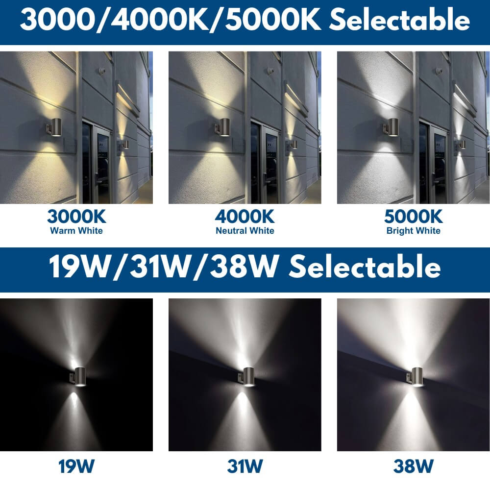 Black Finish Outdoor Wall Sconce - 38W/31W/19W Selectable - up to 5,600 Lumens - 3 CCT Selectable - 120-277V - Photocell with Cap