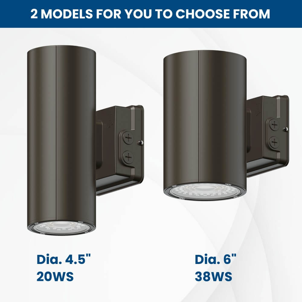 LED Cylinder Up and Down Wall Light fixture - Outdoor Wall Sconce - 38W/31W/19W Selectable - up to 5,600 Lumens - 3 CCT Selectable - 120-277V - Photocell with Cap