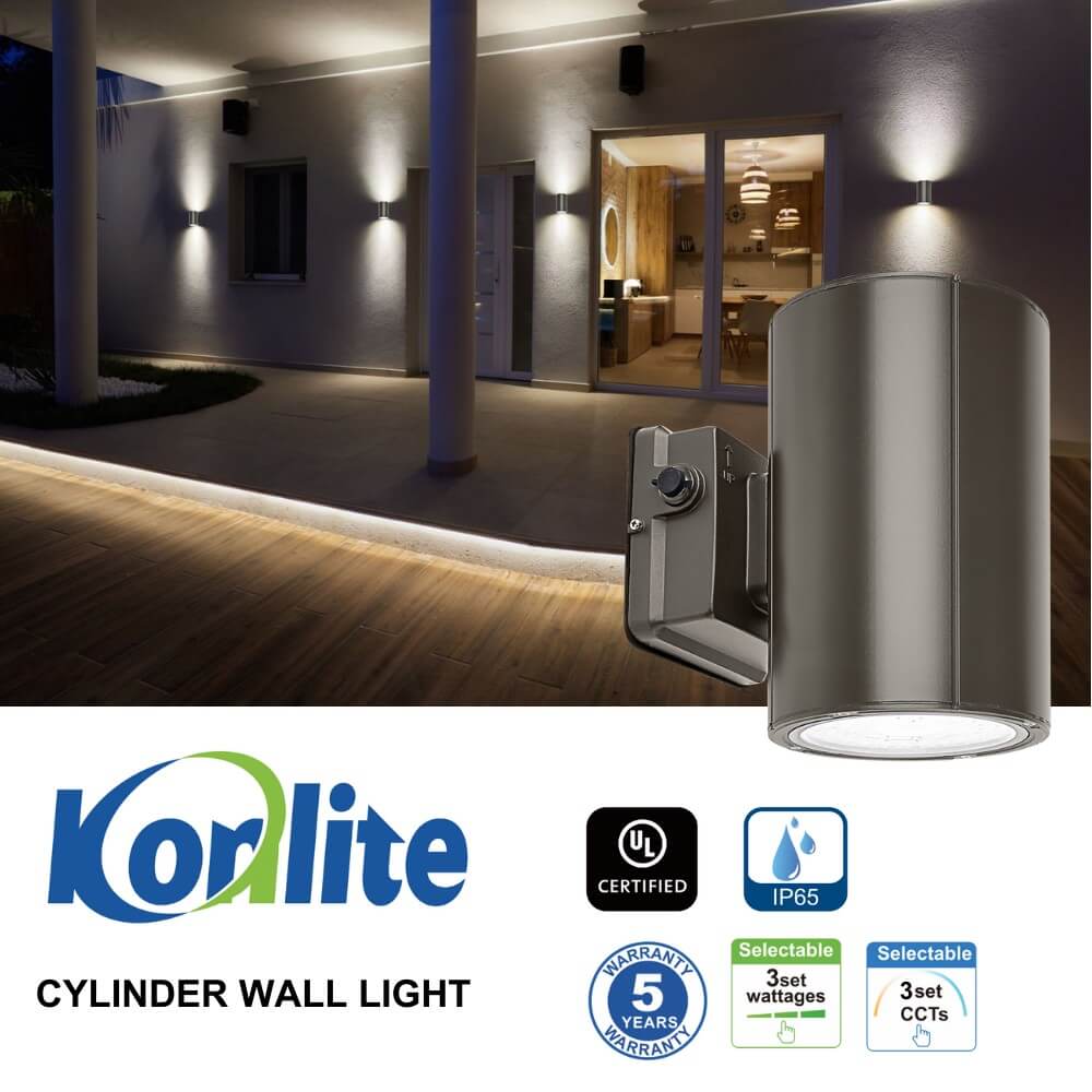 LED Cylinder Up and Down Wall Light fixture - Outdoor Wall Sconce - 38W/31W/19W Selectable - up to 5,600 Lumens - 3 CCT Selectable - 120-277V - Photocell with Cap