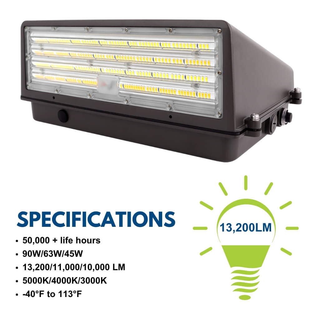 Full Cutoff LED Wall Pack - 90W/63W/45W Selectable - 14,900 Lumens - 3 CCT Selectable - 120-277V - 320W Equal